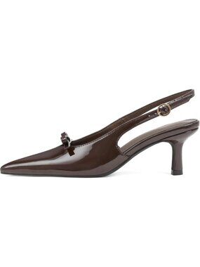 Women's Chocolate Slingback Kitten Heels Bow Ankle Strap Pointed Toe Shoes